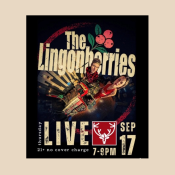 Poster for a live performance by The Lingonberries, with two musicians featured. Event is Thursday, September 17, 7-9 PM, ages 21+, no cover charge. The poster has a black background with red and white text and decorative berries.