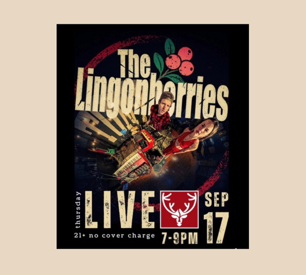 Poster for a live performance by The Lingonberries, with two musicians featured. Event is Thursday, September 17, 7-9 PM, ages 21+, no cover charge. The poster has a black background with red and white text and decorative berries.