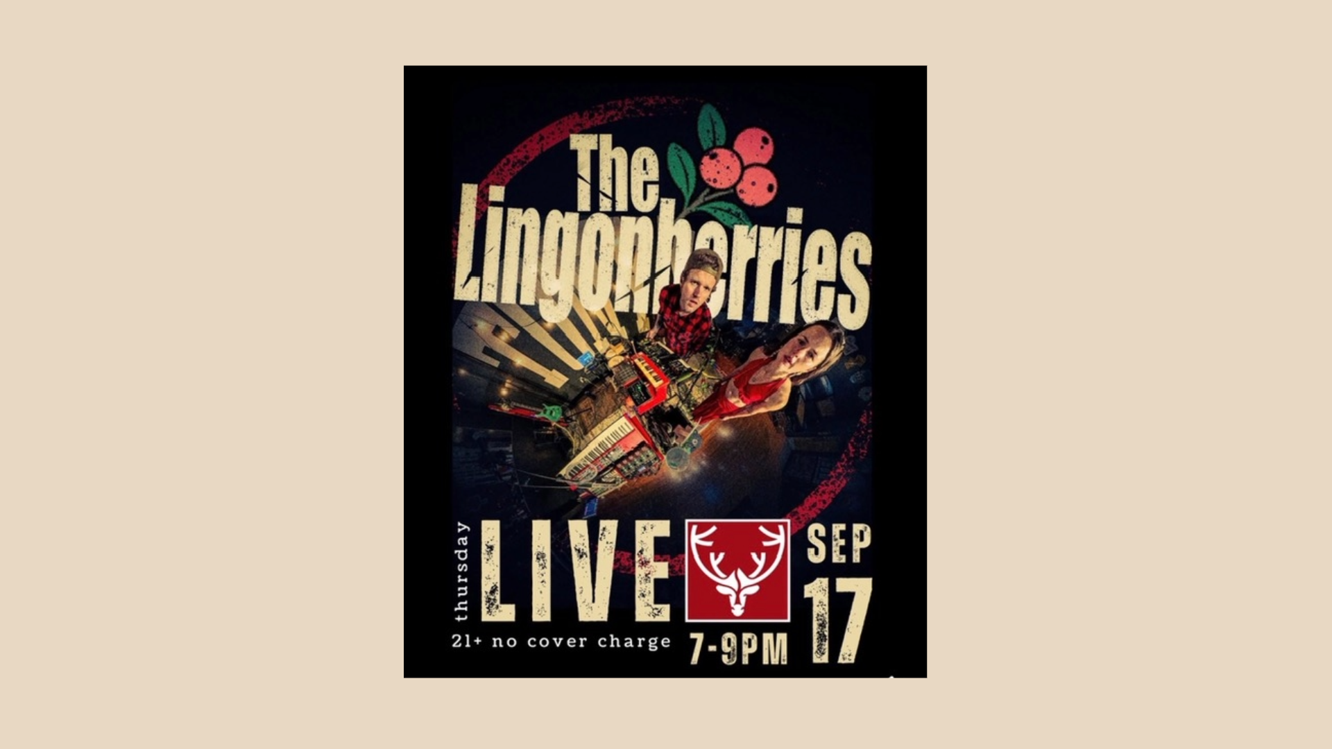 Poster for a live performance by The Lingonberries, with two musicians featured. Event is Thursday, September 17, 7-9 PM, ages 21+, no cover charge. The poster has a black background with red and white text and decorative berries.