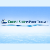 Graphic featuring an illustration of a cruise ship above the text Cruise Ship in Port Today over a stylized blue water graphic.
