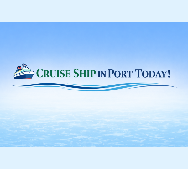 Graphic featuring an illustration of a cruise ship above the text Cruise Ship in Port Today over a stylized blue water graphic.