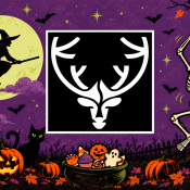A stylized white deer head logo for the Double Shovel Kodiak Halloween Bash sits in a central square, surrounded by a witch on a broomstick, a dancing skeleton, jack-o-lanterns, and a bowl of candy against a purple moonlit background.