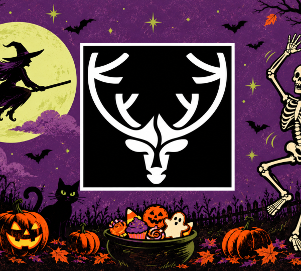 A stylized white deer head logo for the Double Shovel Kodiak Halloween Bash sits in a central square, surrounded by a witch on a broomstick, a dancing skeleton, jack-o-lanterns, and a bowl of candy against a purple moonlit background.