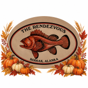 Oval sign for the Community Thanksgiving at The Rendezvous in Kodiak, Alaska, featuring a fish illustration framed by autumn leaves, wheat, and pumpkins.