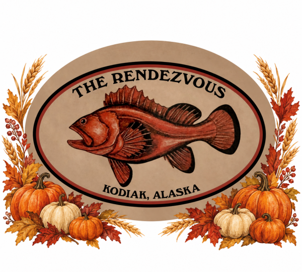 Oval sign for the Community Thanksgiving at The Rendezvous in Kodiak, Alaska, featuring a fish illustration framed by autumn leaves, wheat, and pumpkins.