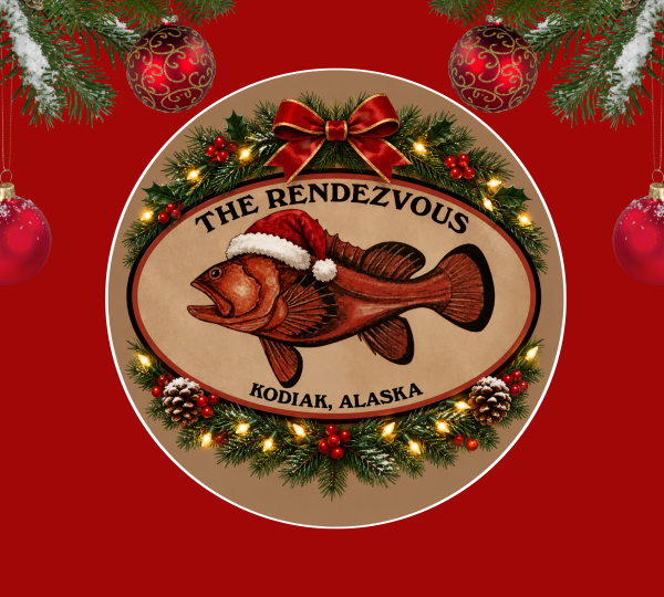 A circular holiday sign for The Rendezvous in Kodiak, Alaska, featuring a fish in a Santa hat surrounded by a wreath and ornaments on a red background, advertising Christmas live music.