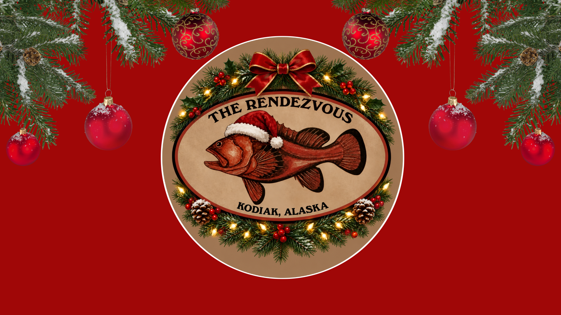 A circular holiday sign for The Rendezvous in Kodiak, Alaska, featuring a fish in a Santa hat surrounded by a wreath and ornaments on a red background, advertising Christmas live music.
