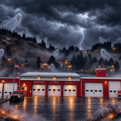 Kodiak Fire Department station at night under a stormy sky filled with ghosts, with two fire trucks parked in front and skeleton decorations on the ground.