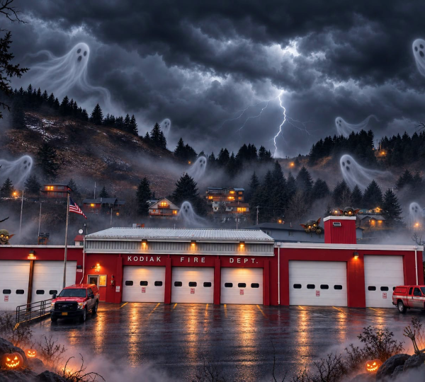 Kodiak Fire Department station at night under a stormy sky filled with ghosts, with two fire trucks parked in front and skeleton decorations on the ground.