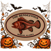 A logo for The Rendezvous in Kodiak, Alaska, featuring a fish inside an oval frame surrounded by autumn leaves, pumpkins, cobwebs, and bats.