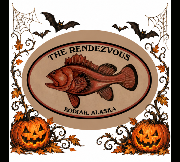 A logo for The Rendezvous in Kodiak, Alaska, featuring a fish inside an oval frame surrounded by autumn leaves, pumpkins, cobwebs, and bats.