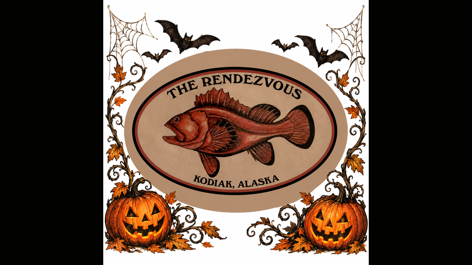 A logo for The Rendezvous in Kodiak, Alaska, featuring a fish inside an oval frame surrounded by autumn leaves, pumpkins, cobwebs, and bats.