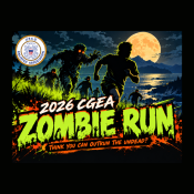 A person runs from a group of zombies under a full moon in a graphic for the 2026 CGEA Zombie Run Kodiak, which includes the USCG Enlisted Association seal in the corner.