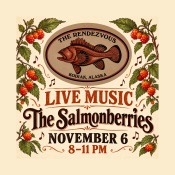 A poster for a live show by The Salmonberries at The Rendezvous in Kodiak, Alaska, on November 6 from 8-11 PM, featuring illustrations of a fish and salmonberry branches.