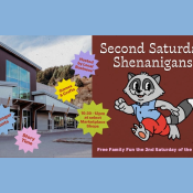 Event flyer for Second Saturday Shenanigans featuring a cartoon raccoon, listing activities like scavenger hunts, story time, and games, occurring from 10:30am to 12pm on the second Saturday of the month.