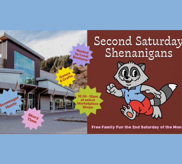 Event flyer for Second Saturday Shenanigans featuring a cartoon raccoon, listing activities like scavenger hunts, story time, and games, occurring from 10:30am to 12pm on the second Saturday of the month.