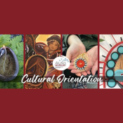 Collage featuring a stone oil lamp, a painted illustration of a person, hands holding a small woven medallion, and a decorated ceremonial mask, with the text Alutiiq Museum and Cultural Orientation.