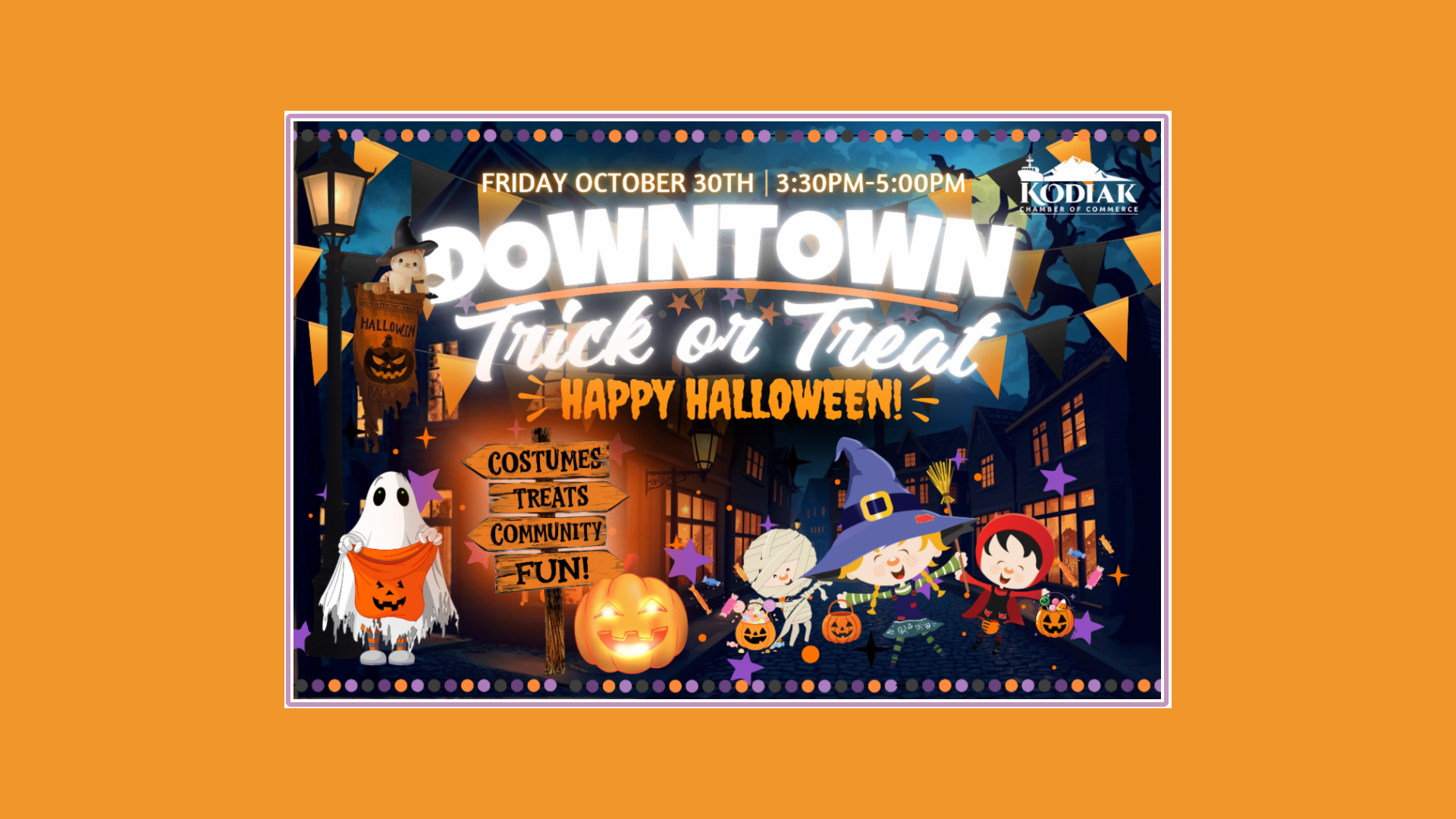 Event flyer for a downtown trick-or-treat on Friday, October 30th from 3:30 PM to 5:00 PM, featuring cartoon characters in costumes and the Kodiak Chamber of Commerce logo.