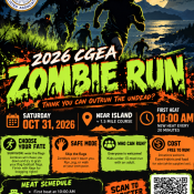 Event poster for the 2026 CGEA Zombie Run on October 31 at Near Island, featuring a QR code for registration and details on race rules, costs, and heat times.