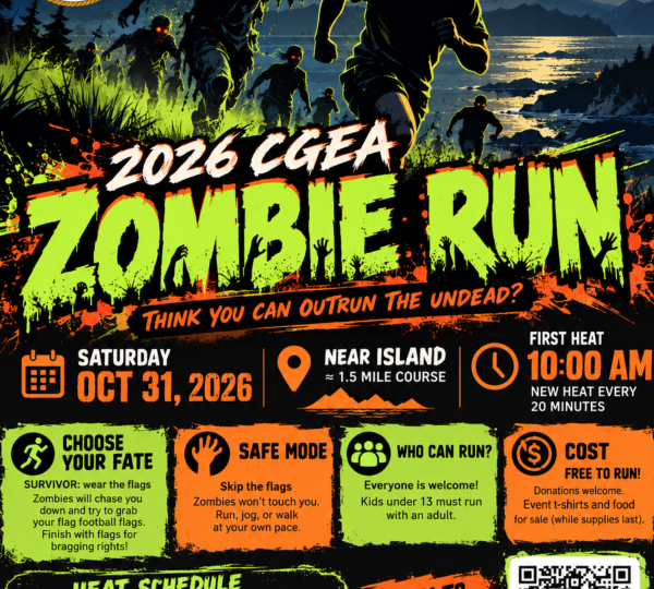 Event poster for the 2026 CGEA Zombie Run on October 31 at Near Island, featuring a QR code for registration and details on race rules, costs, and heat times.