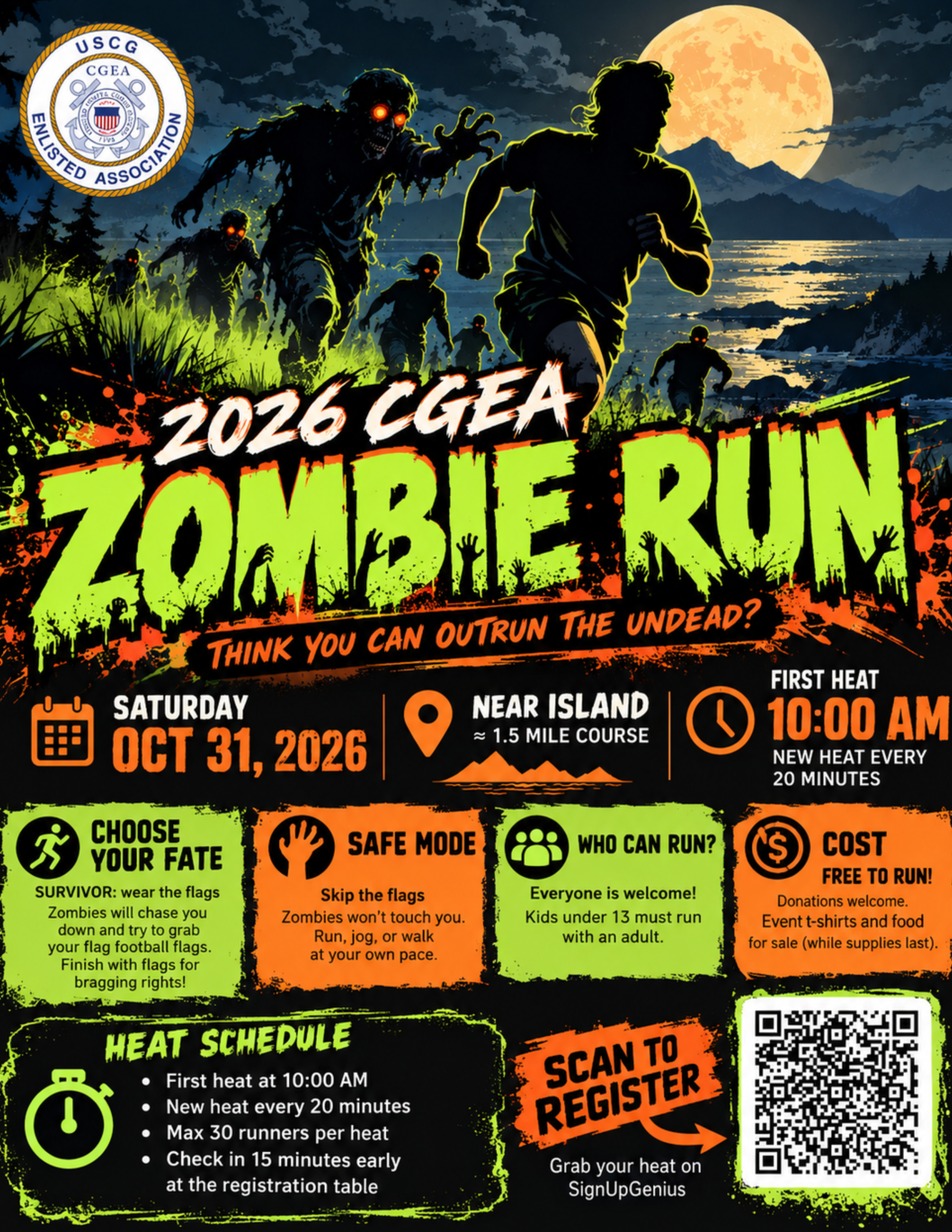 Event poster for the 2026 CGEA Zombie Run on October 31 at Near Island, featuring a QR code for registration and details on race rules, costs, and heat times.