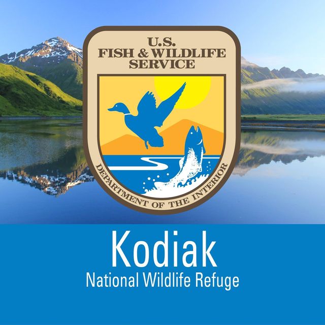 U.S. Fish Wildlife Service logo above text reading Kodiak National Wildlife Refuge with a scenic background of Kodiak’s lakes, mountains, and blue sky.