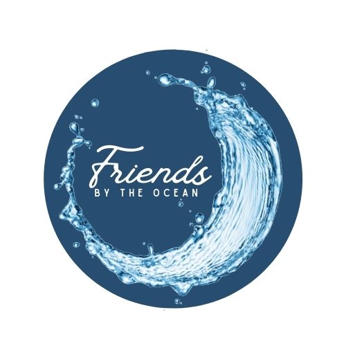 A circular blue logo with a splash of water forming a crescent shape, reminiscent of Kodiak's coastal beauty. In the center, white text reads Friends BY THE OCEAN.