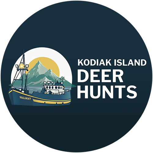 Logo for Kodiak Island deer hunts featuring a fishing boat labeled Valiant, mountain, trees, and yellow sun, all set against a dark circular background. Perfect for promoting authentic Kodiak Island deer hunts adventures.